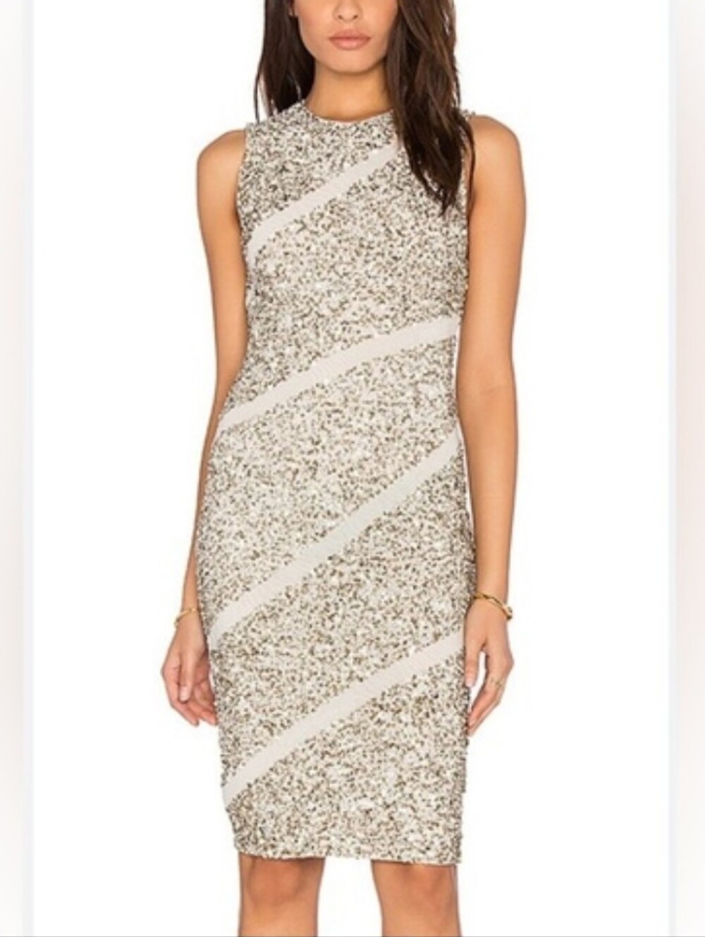 Alice+Olivia-"Sitara" Cream Sheath Beaded Midi Dress-Size 10